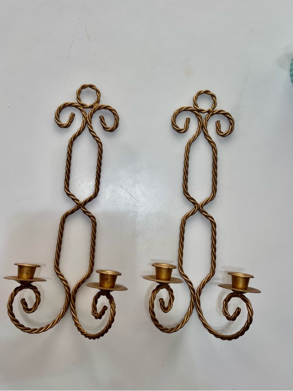 Vintage Twisted Metal Double Wall Sconces in Gold brass